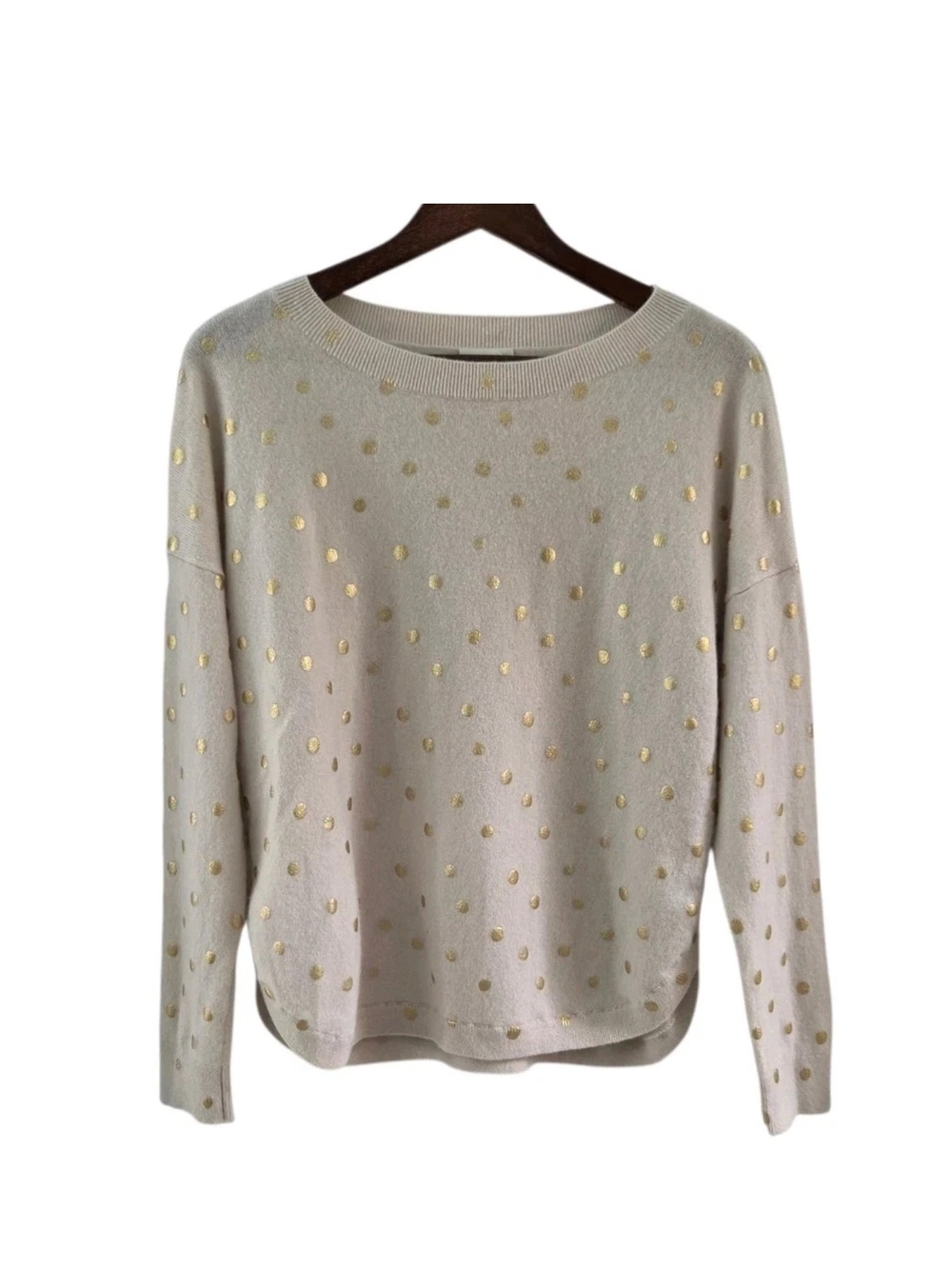 Garnet Hill Ophelia Cashmere Side Button Sweater Cream Metallic Gold Dots Size L